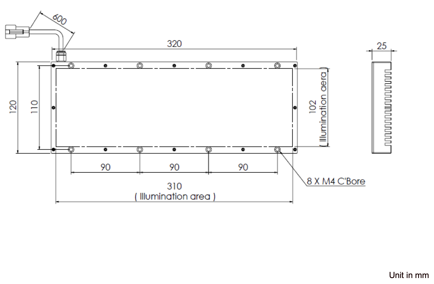 High Brightness Diffused Back Light V2DL-TP-Si300x100 Dimension