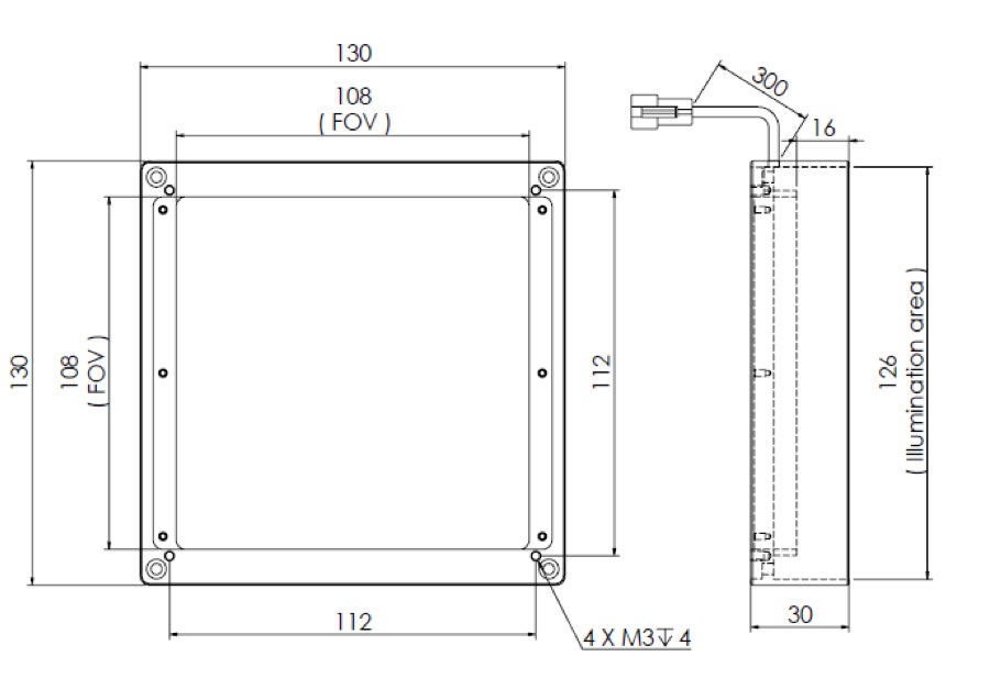 Low Angle Diffuse Square Light V2PQ-Si130 Dimension
